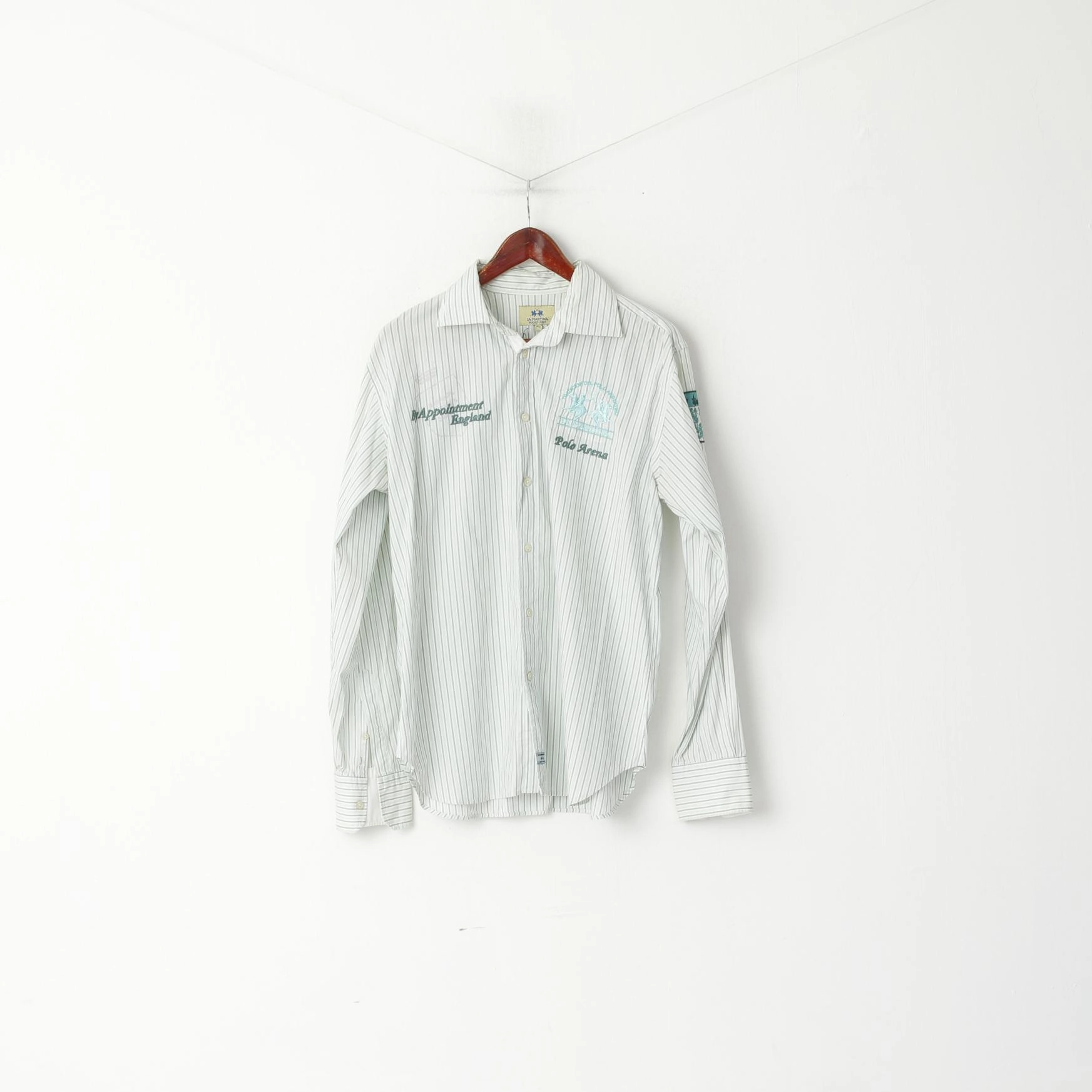 Smooth Seam Finish Hiking Gear La Martina Men XL (L) Casual Shirt Green Striped Cotton England polo Argentino Top