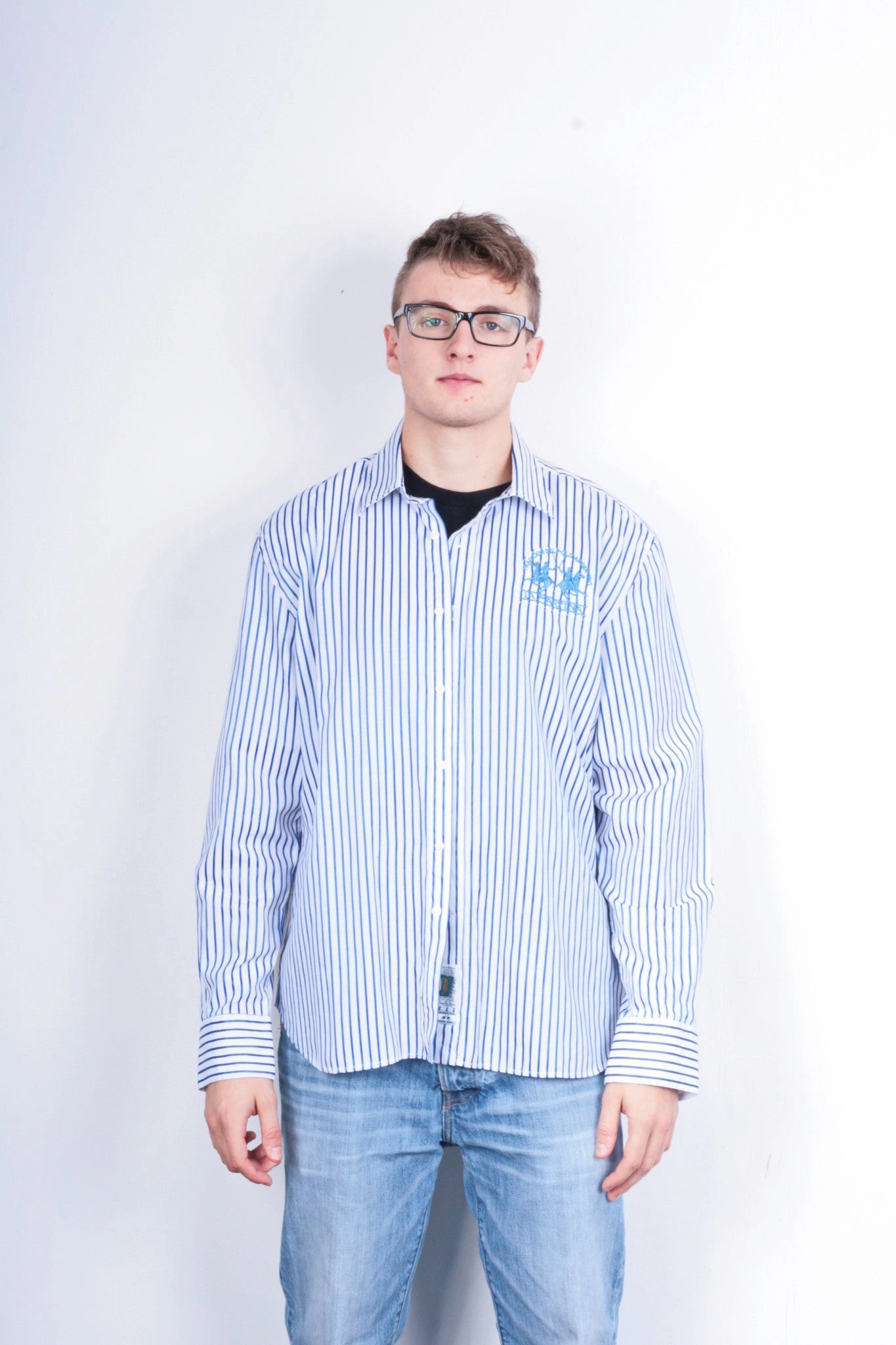 crew neck La Martina Mens XXL Casual Shirt Striped White Cotton Blue