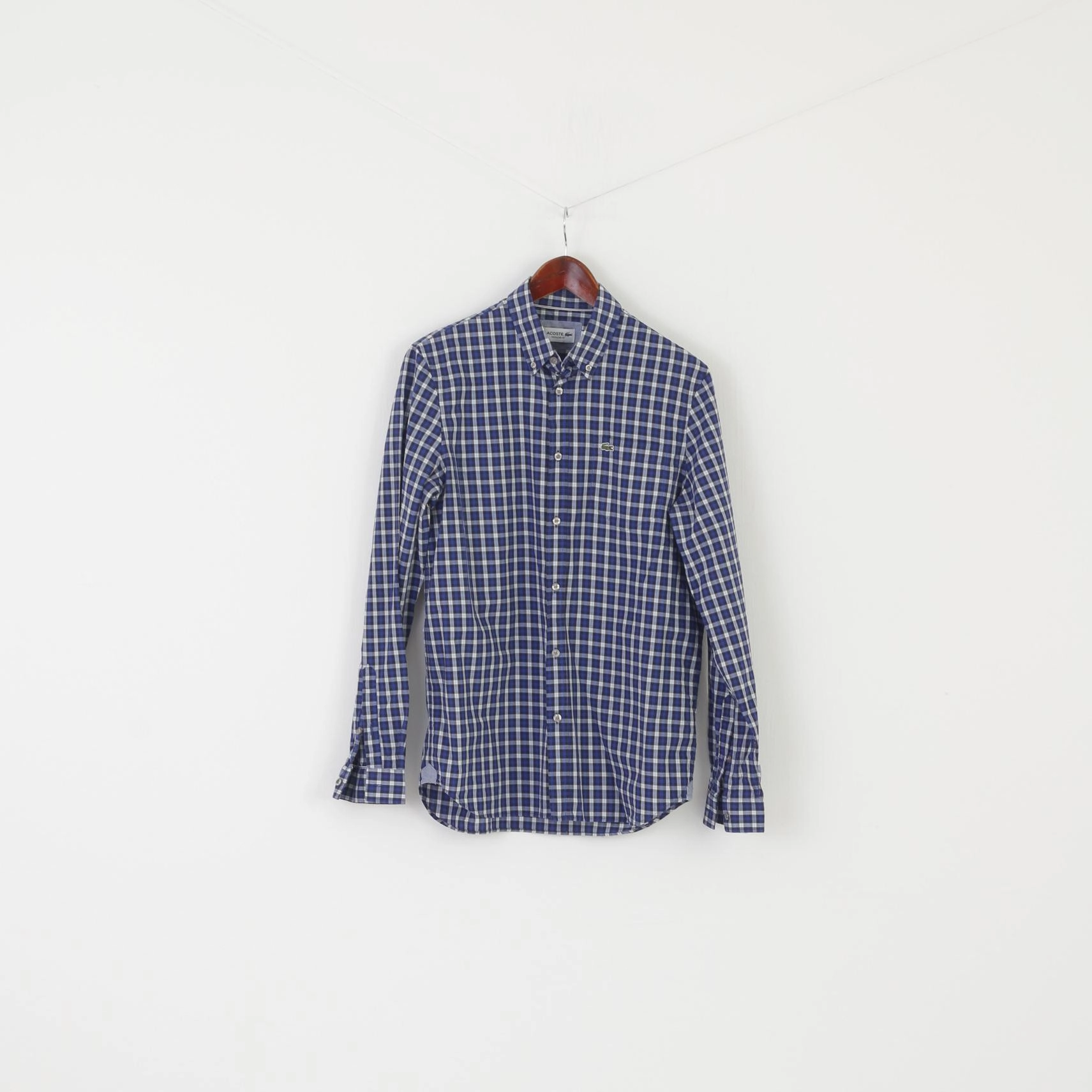 Lacoste Men 39 S/M Casual Shirt Blue Check Cotton Refular Fit Long Sleeve Top Non Irritating Tags Yoke Design