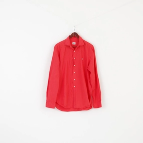 Lacoste Men 42 L Casual Shirt Red Cotton Detailed Buttons Long Sleeve Top Abrasion Resistant Edges