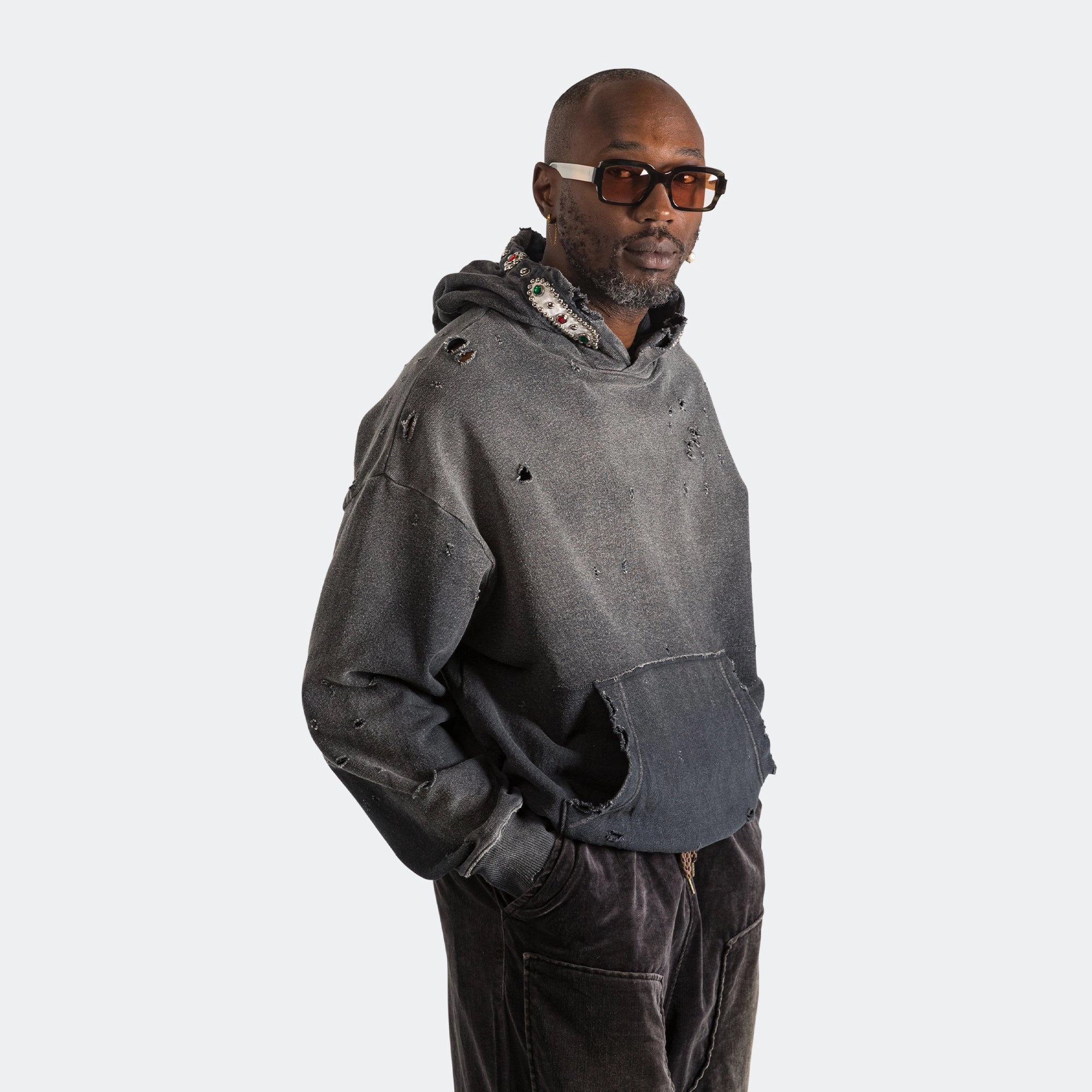 Trendy Bow Accents SWT Knit THRILLER Damaged Hoodie (STUDS) - Black