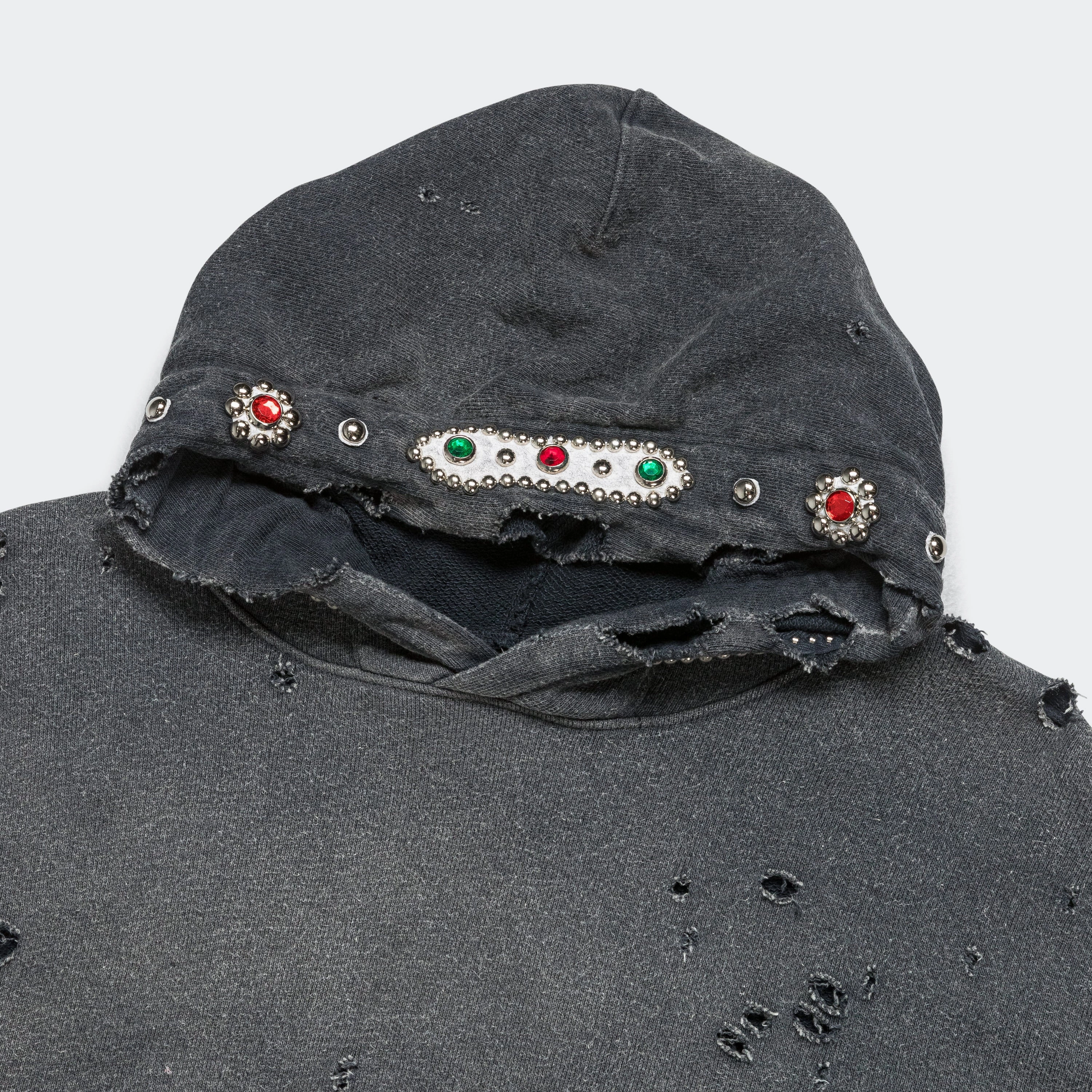 Urban Essential All-Season Wear SWT Knit THRILLER Damaged Hoodie (STUDS) - Black