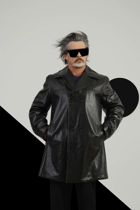 Corneliani Men 54 XL Cpoat Black Leather Double-Breasted Made in Italy Water shield