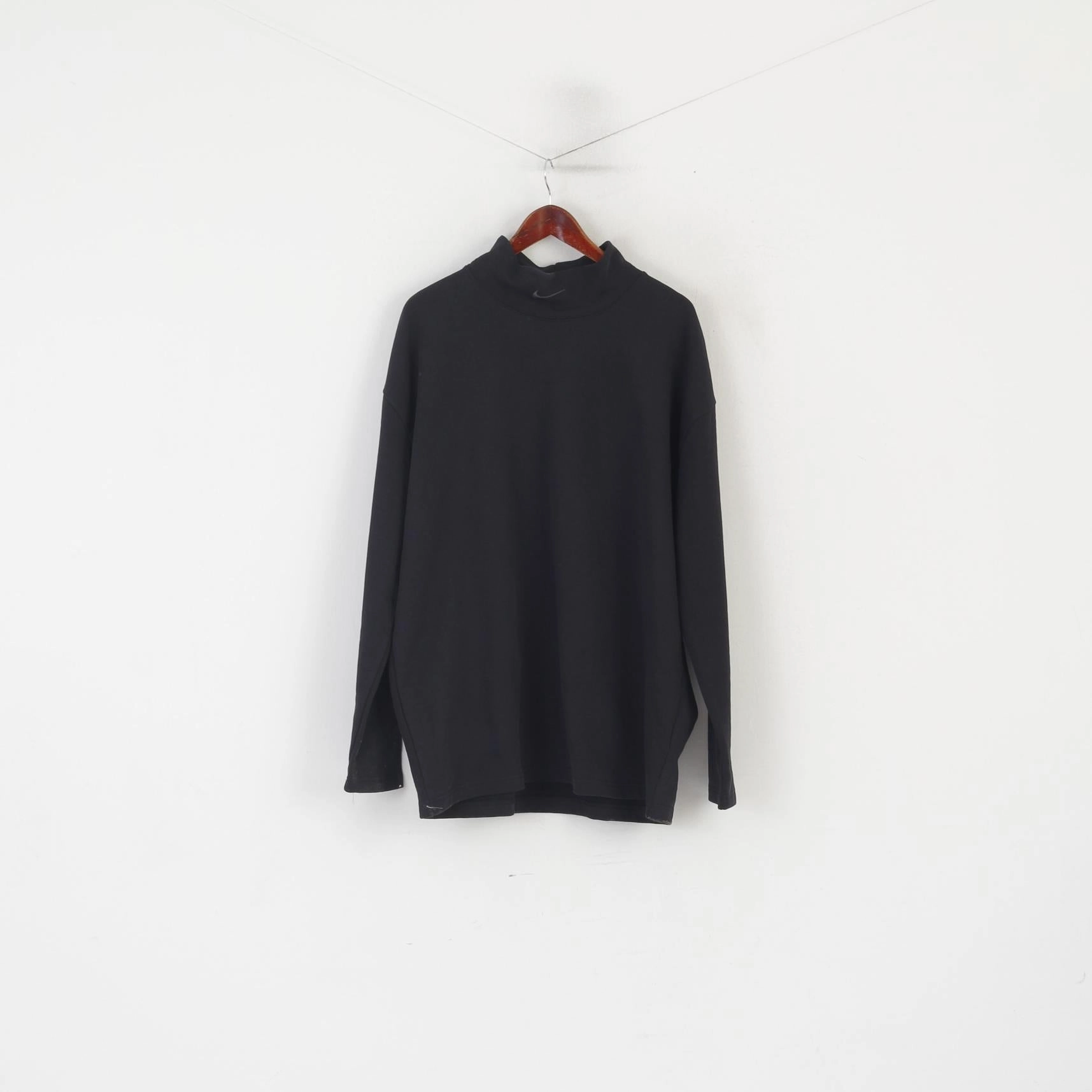 Nike Men L Swetashirt Black Cotton Logo Turtle Neck Oversize Sportswear Top V-Neck