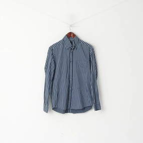 fade resistant color Hugo Boss Men M Casual Shirt Blue Striped Cotton Button Down Collar Long Sleeve Top
