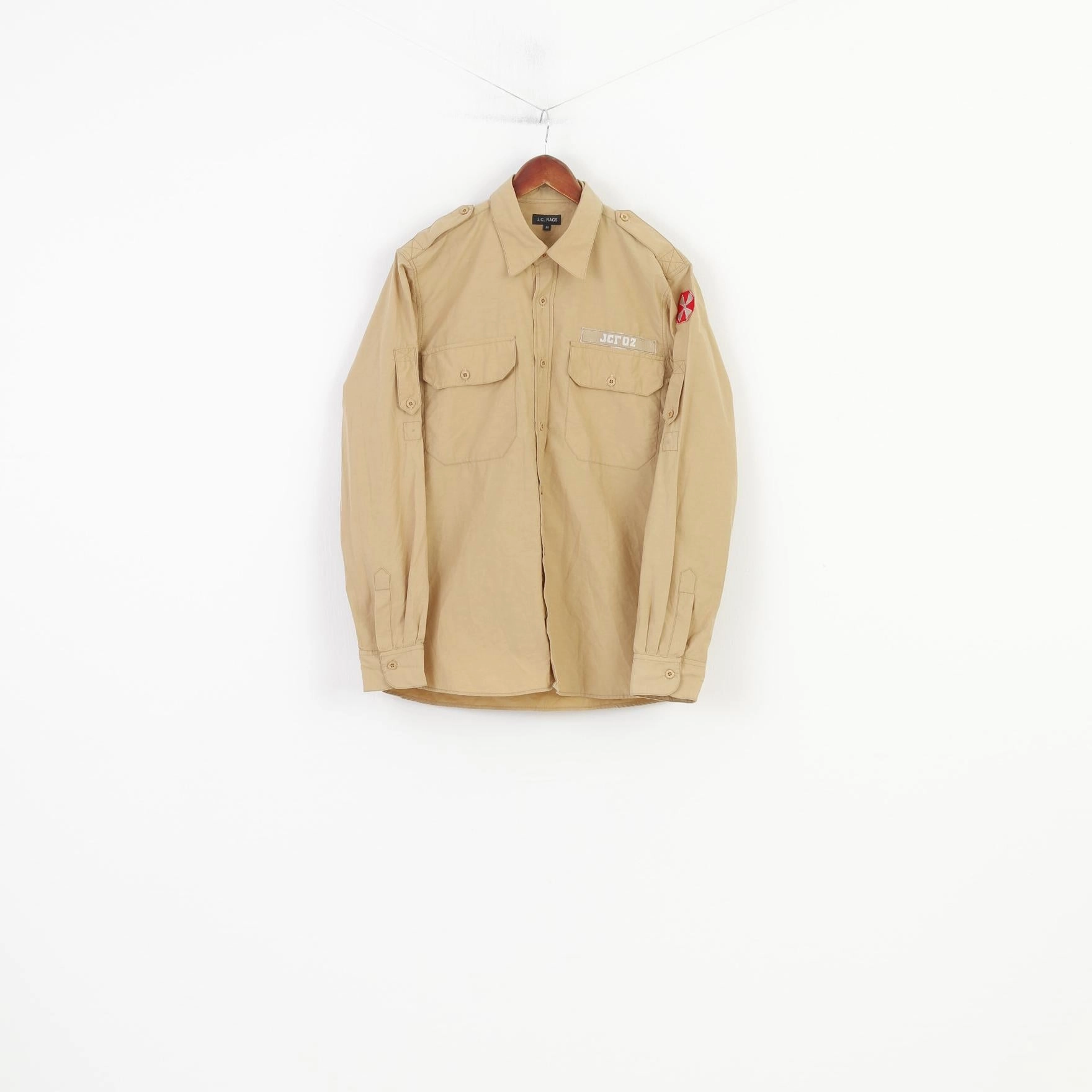 J.C.RAGS Men M Casual Shirt Cotton Beige  Collar Long Sleeve Classic Top tall size