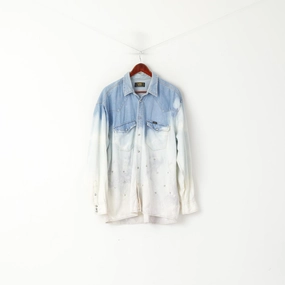 Adjustable Hem Ventilated Back Lee Sanforized Men XL Casual Shirt Blue Jeans Ombre Jets Acid Wash Western Top