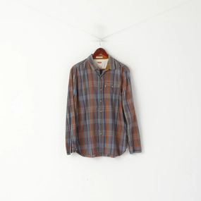 Fitted Design Stretchy Cloth Levi's Men L Casual Shirt Brown Blue Check Cotton Standard Fit Long Sleeve Top