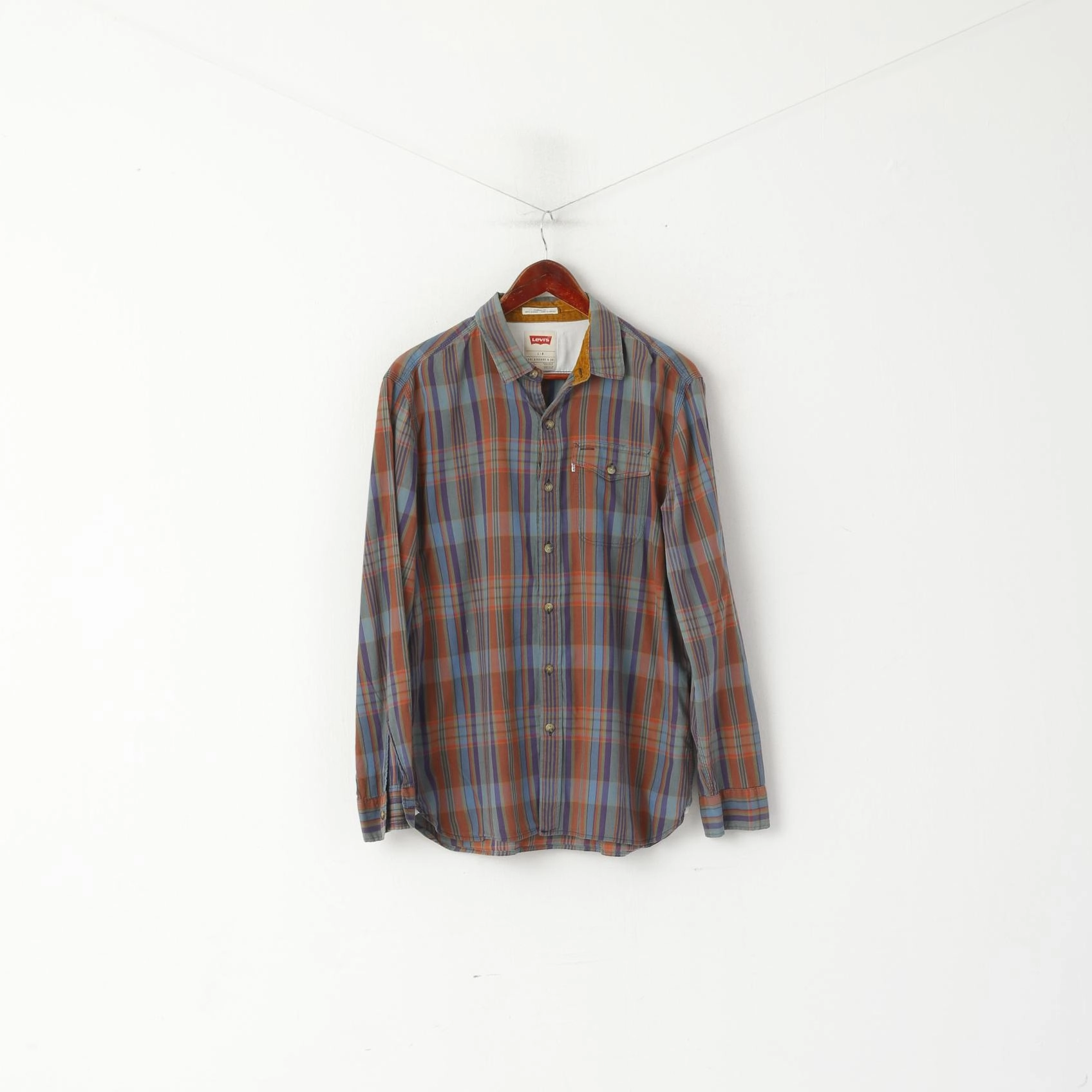Fitted Design Stretchy Cloth Levi's Men L Casual Shirt Brown Blue Check Cotton Standard Fit Long Sleeve Top