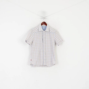 Embroidered Detail Sheer Panel Levi's Men M Casual Shirt Blue Check Cotton Slim Fit Short Sleeve Top