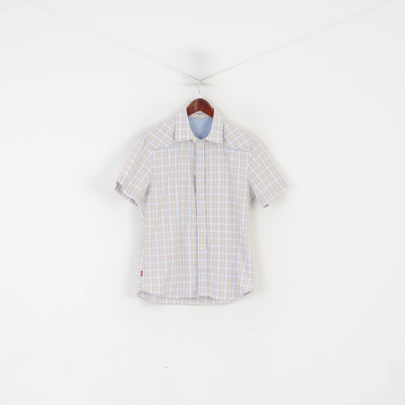 Embroidered Detail Sheer Panel Levi's Men M Casual Shirt Blue Check Cotton Slim Fit Short Sleeve Top