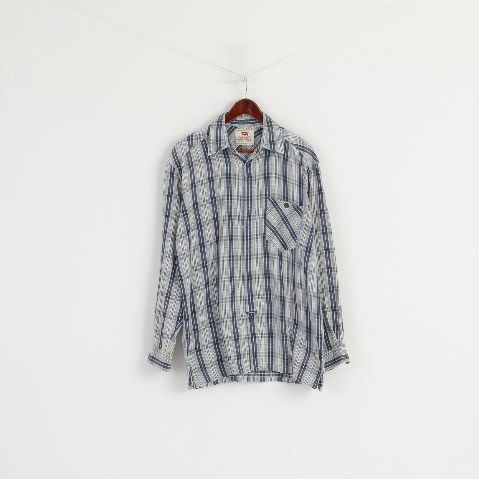 Levi's Men M (L) Casual Shirt Blue Check 100% Cotton Pocket Long Sleeve Top Bamboo Fiber Blend