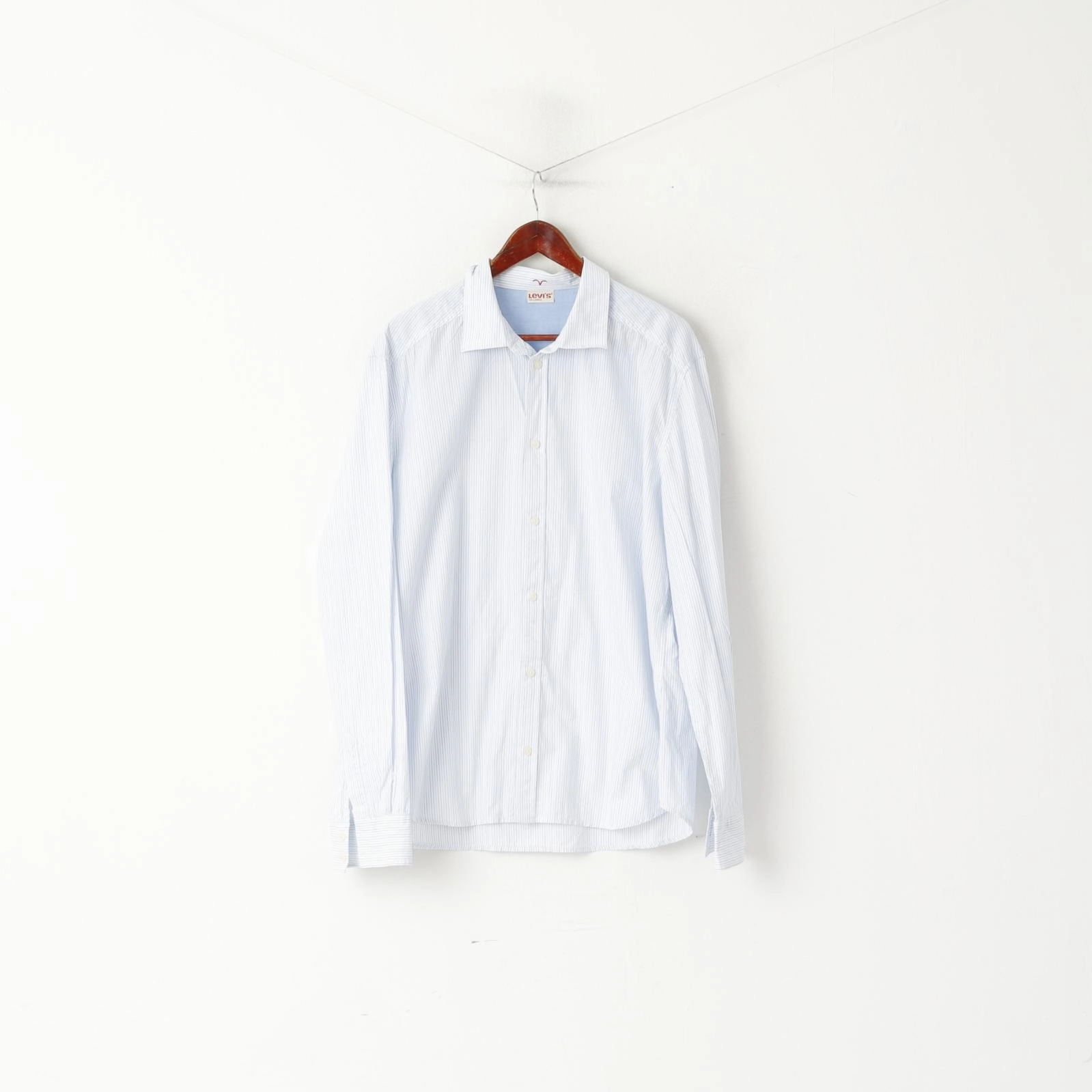 Spring Collection Levi's Men XXL Casual Shirt Blue White Striped Cotton Long Sleeve Top