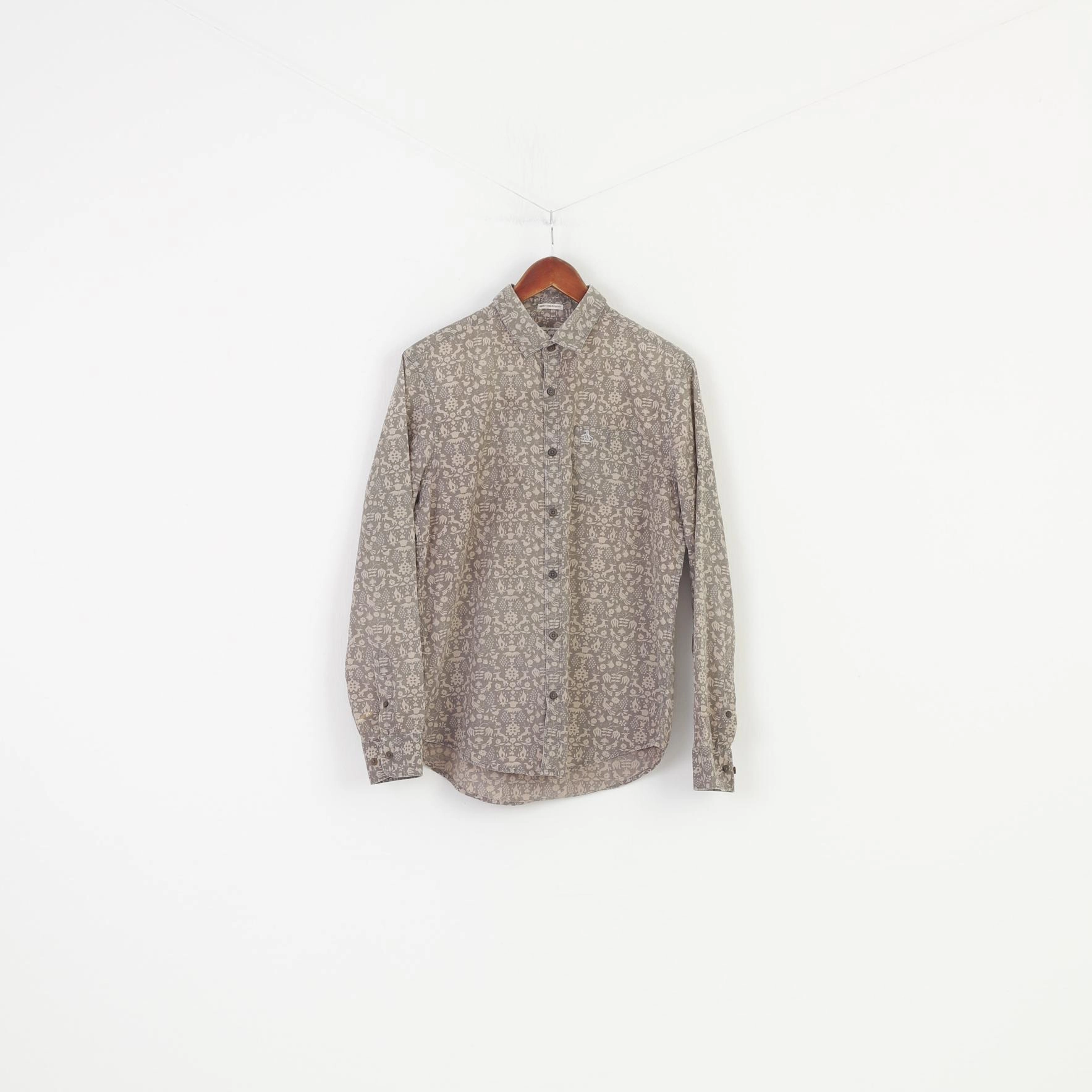 Penguin Men M Casual Shirt  Light Brown Heritage Slim Fit Flower  Cotton Long Sleeve Buttons Collar Top Bold Graphics