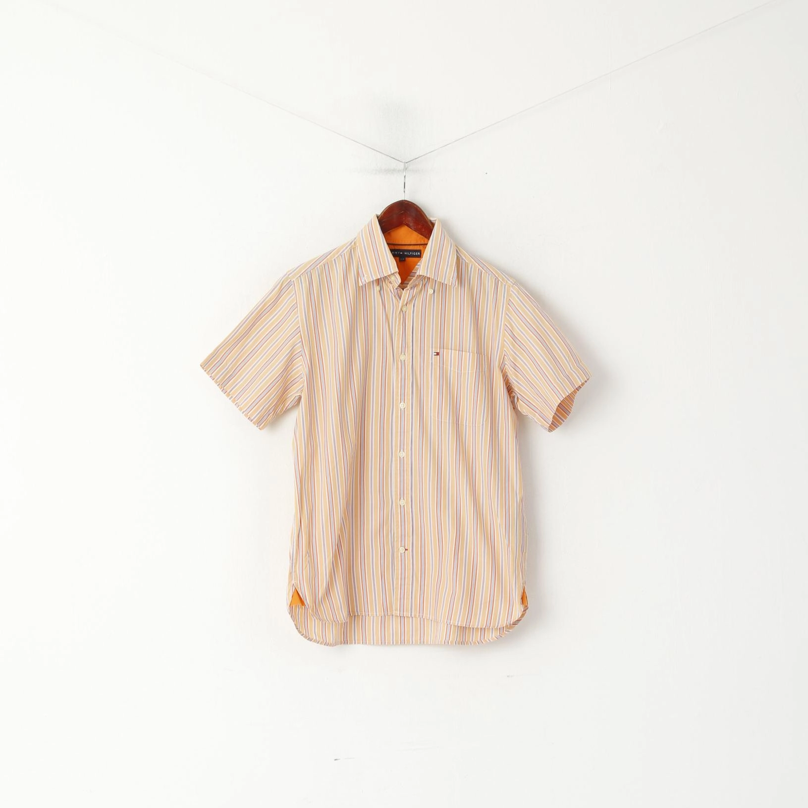 Neutral Toned Stitching Preppy Vibe Tommy Hilfiger Men S Casual Shirt Orange Striped Cotton Short Sleeve Top