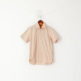 Neutral Toned Stitching Preppy Vibe Tommy Hilfiger Men S Casual Shirt Orange Striped Cotton Short Sleeve Top