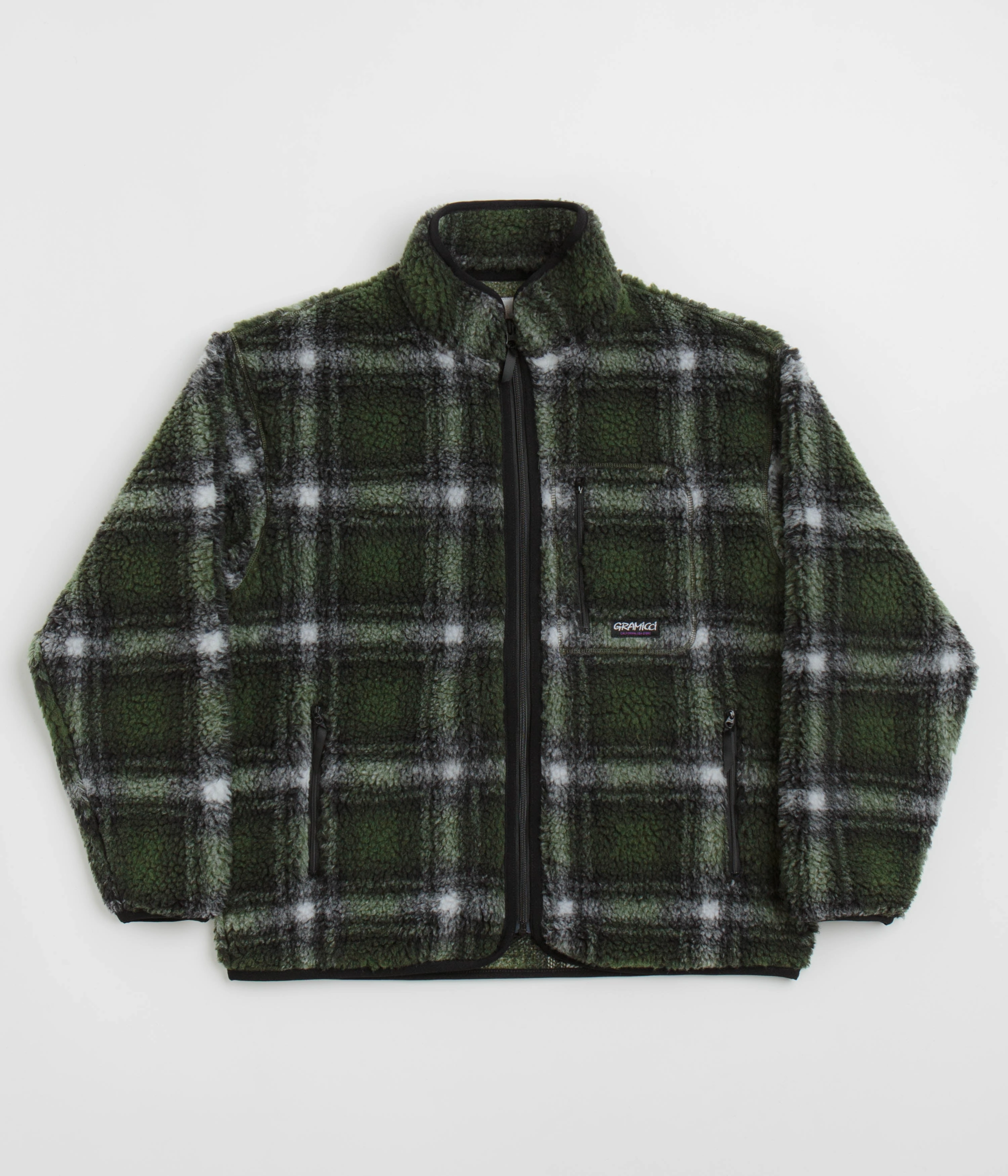 Gramicci Shadow Plaid Sherpa Jacket - Olive Shadow Plaid Back Trail