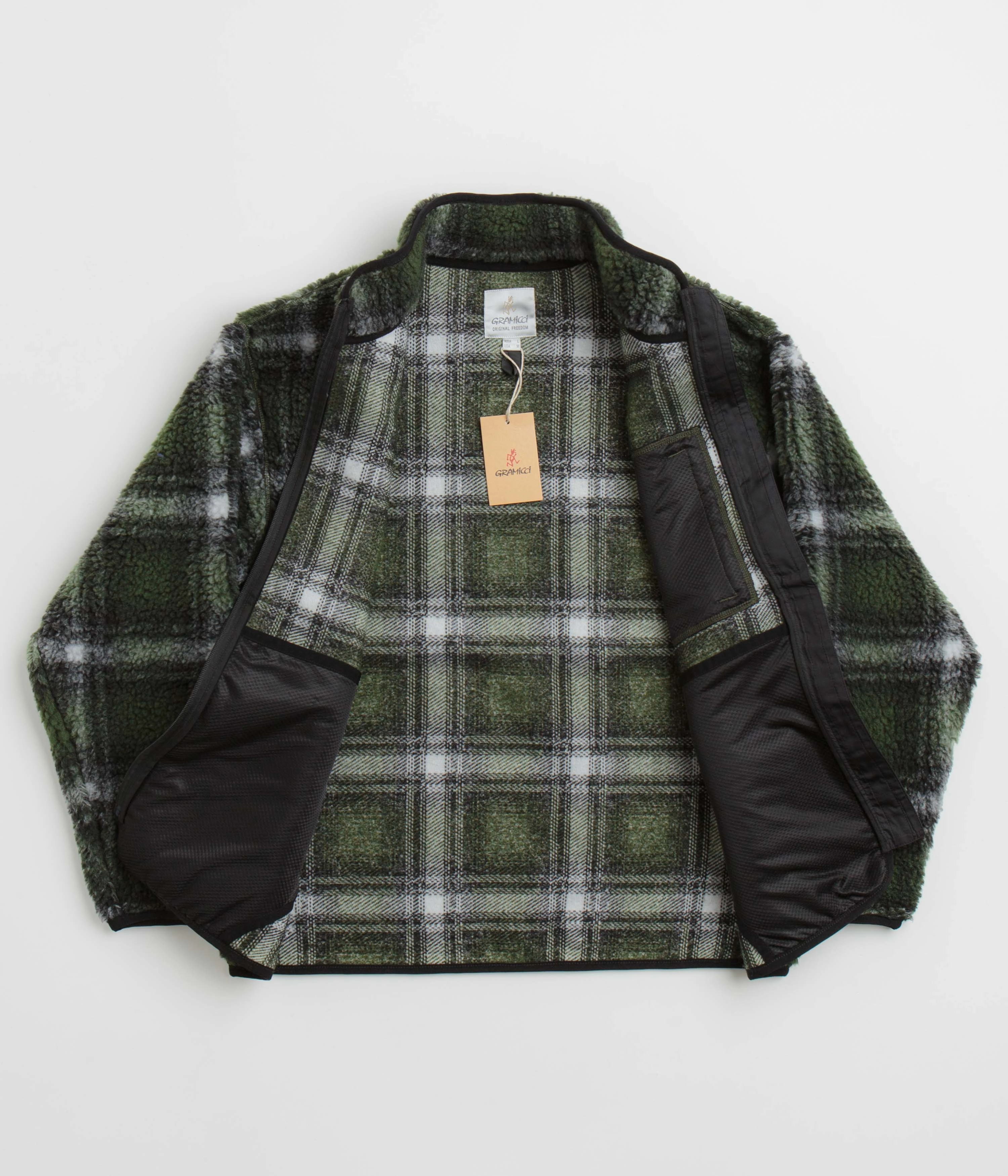 Gramicci Shadow Plaid Sherpa Jacket - Olive Shadow Plaid Wireless Headphone Pocket