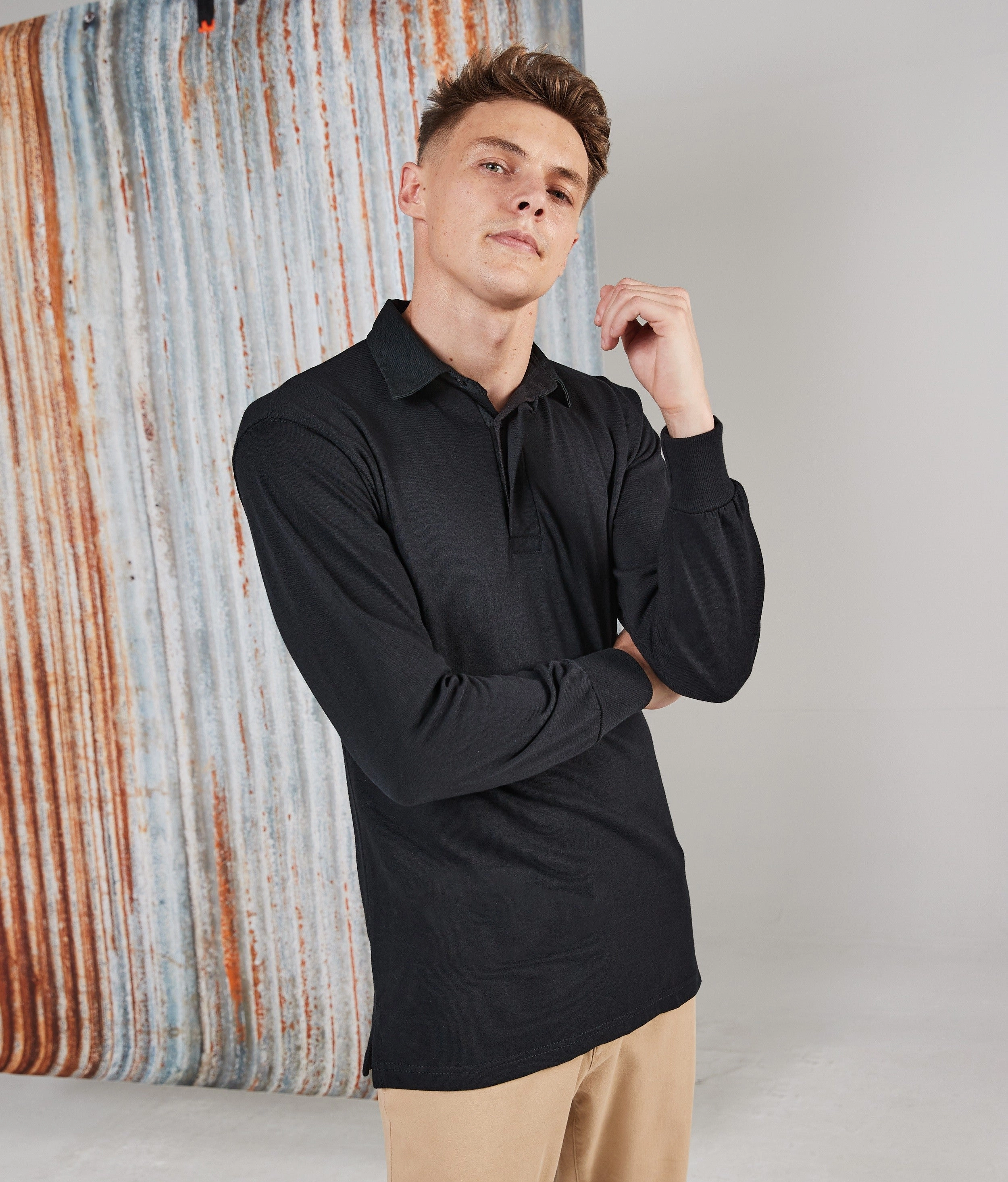 Long Sleeve Classic Rugby Shirt | BLACK/BLACK Slim Fit Style Bound Seam Finish