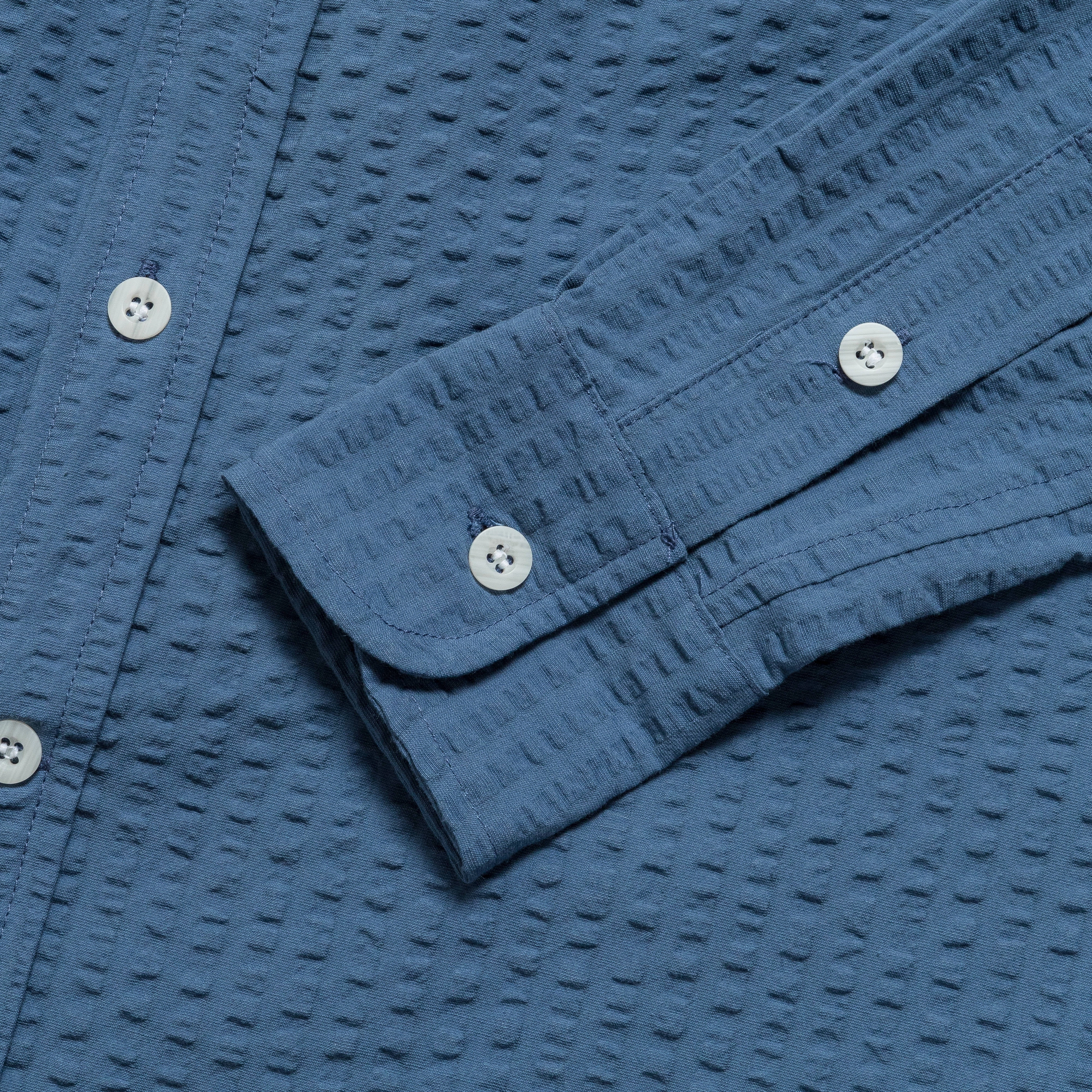 Easy Care Wide Seersucker Button Up Shirt - Washed Blue