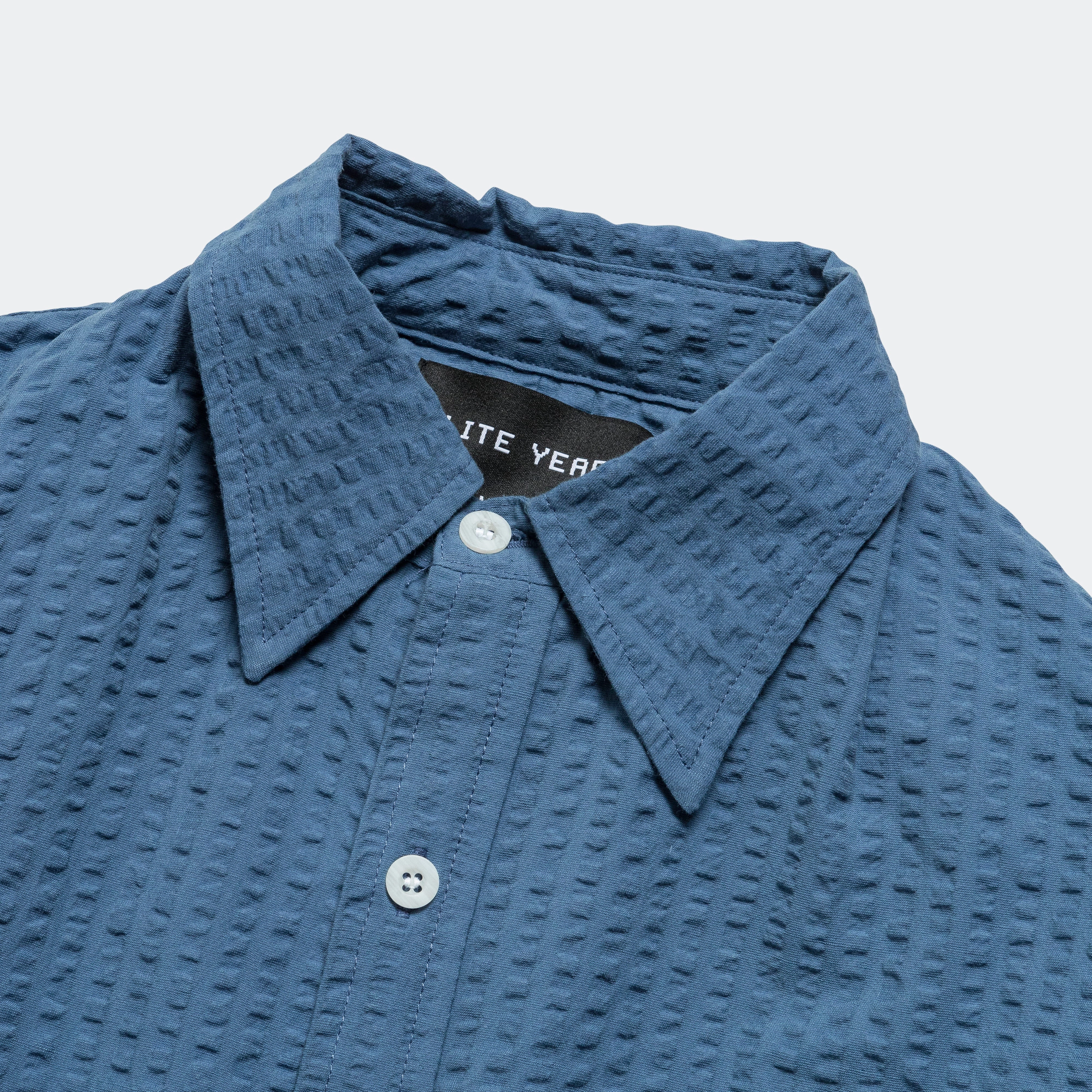Wide Seersucker Button Up Shirt - Washed Blue Gradient effect