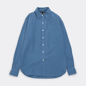 Wide Seersucker Button Up Shirt - Washed Blue Party Ready Petite Option