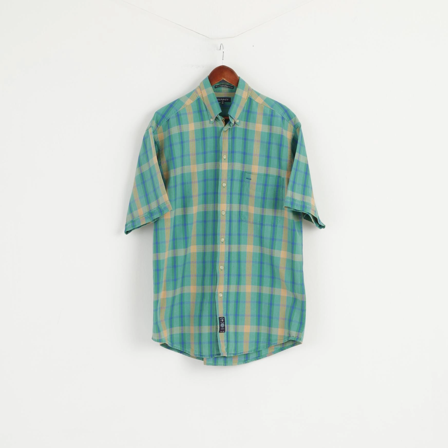 Gant Men M (L) Casual Shirt Green Check Chambray Cotton Short Sleeve Long Top Vintage Wash Anniversary Special