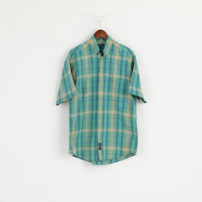 Gant Men M (L) Casual Shirt Green Check Chambray Cotton Short Sleeve Long Top Vintage Wash Anniversary Special