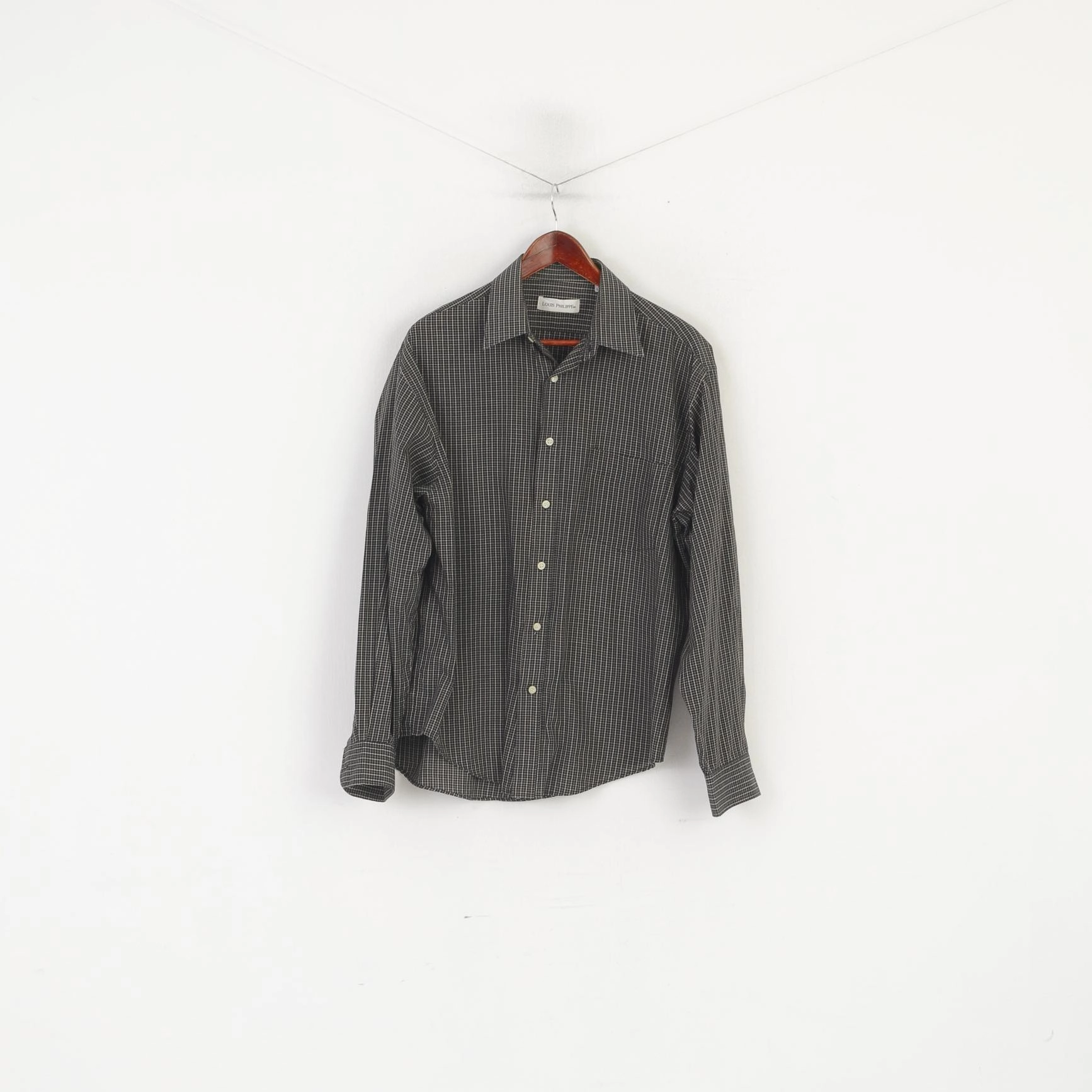 Easy Styling Louis Philippe Men L Casual Shirt Black Check Cotton Pocket Long Sleeve Retro Top