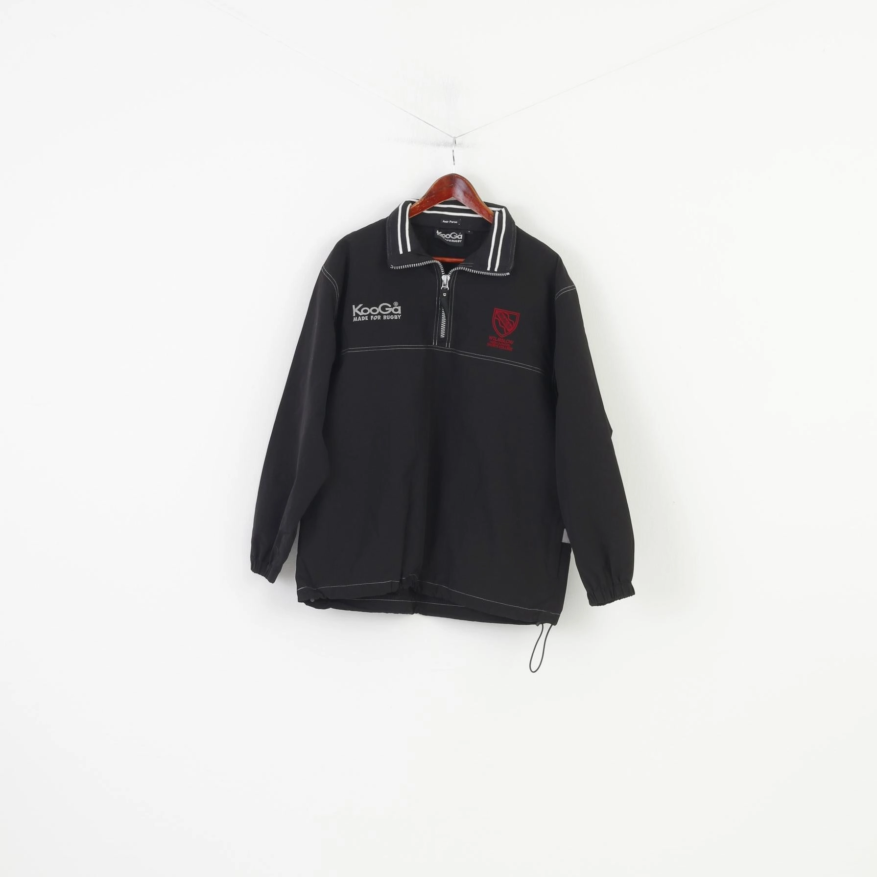 KOOGA Men S Jacket Black Pullover Nylon Wilmslow High School Rugby Vintage Zip Neck Top Reinforced Shoulder Panels Laser Cut Vents