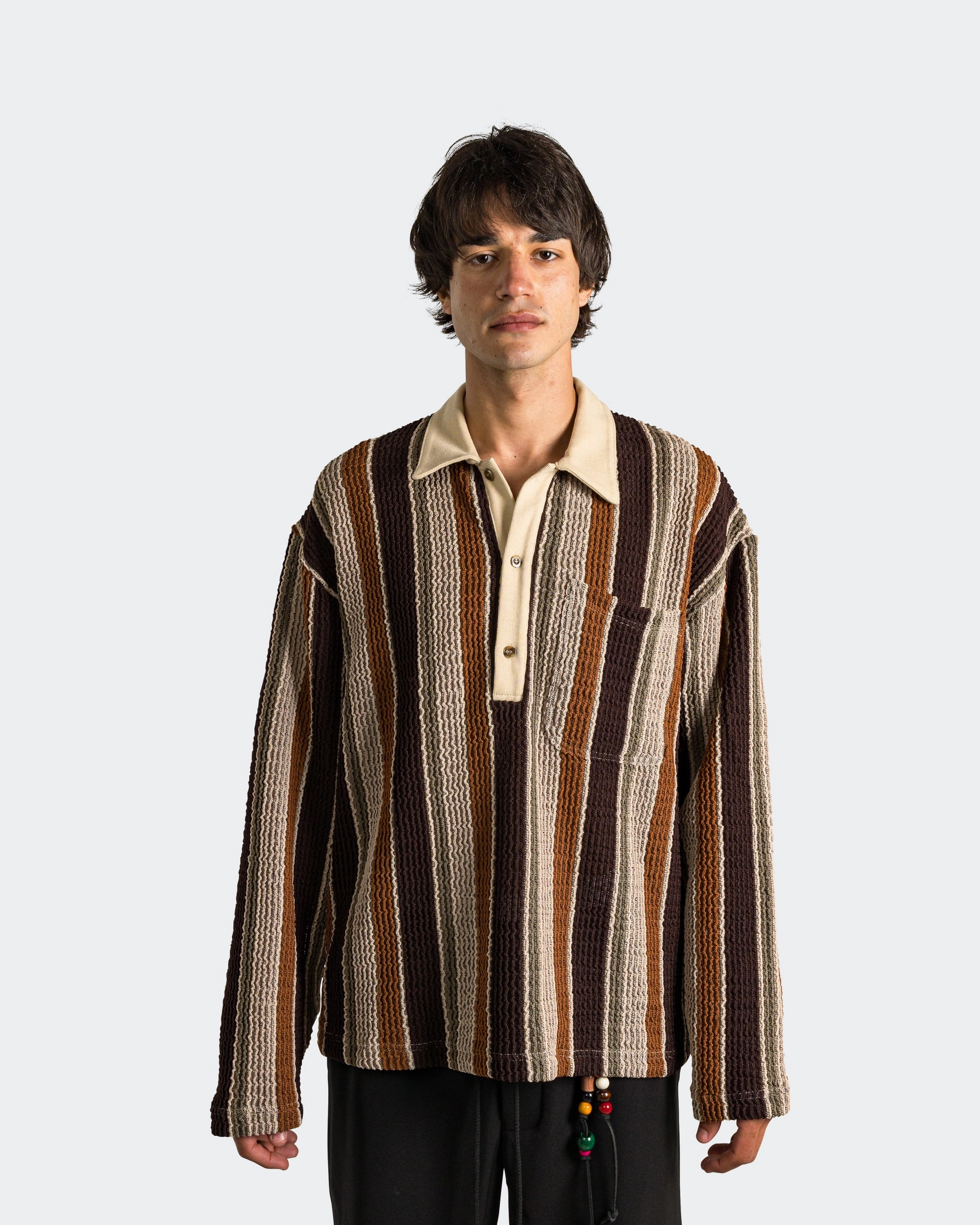 hypoallergenic Handcrafted Detail LS Polo - Beige/Brown Wide Nomad Crochet