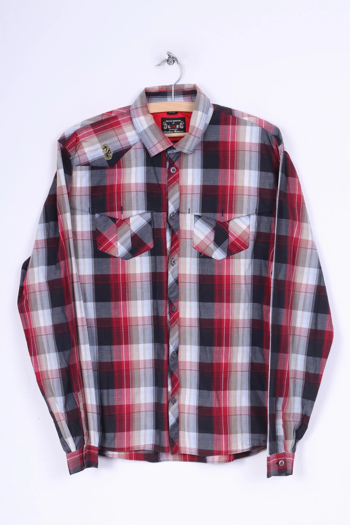 Quick Release Placket Luke Men M (S) Casual Shirt Red Check Long Sleeve Cotton Top
