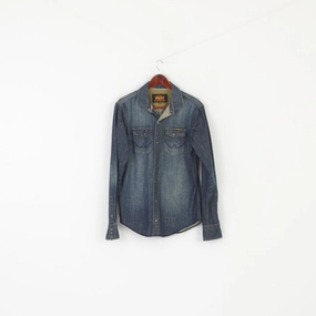 Vintage Superdry Men M Casual Shirt Navy Denim Cotton Snap Long Sleeve Top Holiday Style