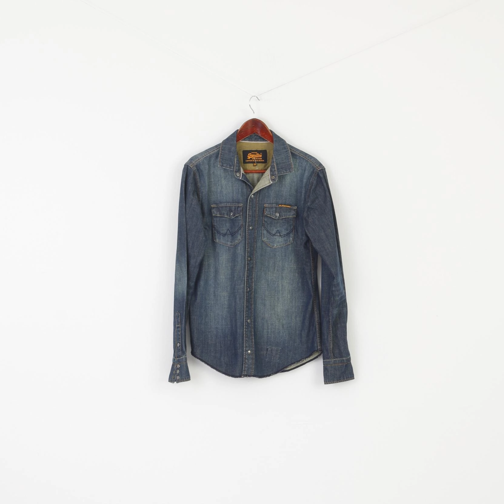 Vintage Superdry Men M Casual Shirt Navy Denim Cotton Snap Long Sleeve Top Holiday Style