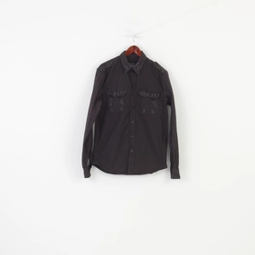 Surplus Men XL Casual Shirt Black Long Sleeve Vintage Jeans Cotton Pockets Collar Top Animal Print