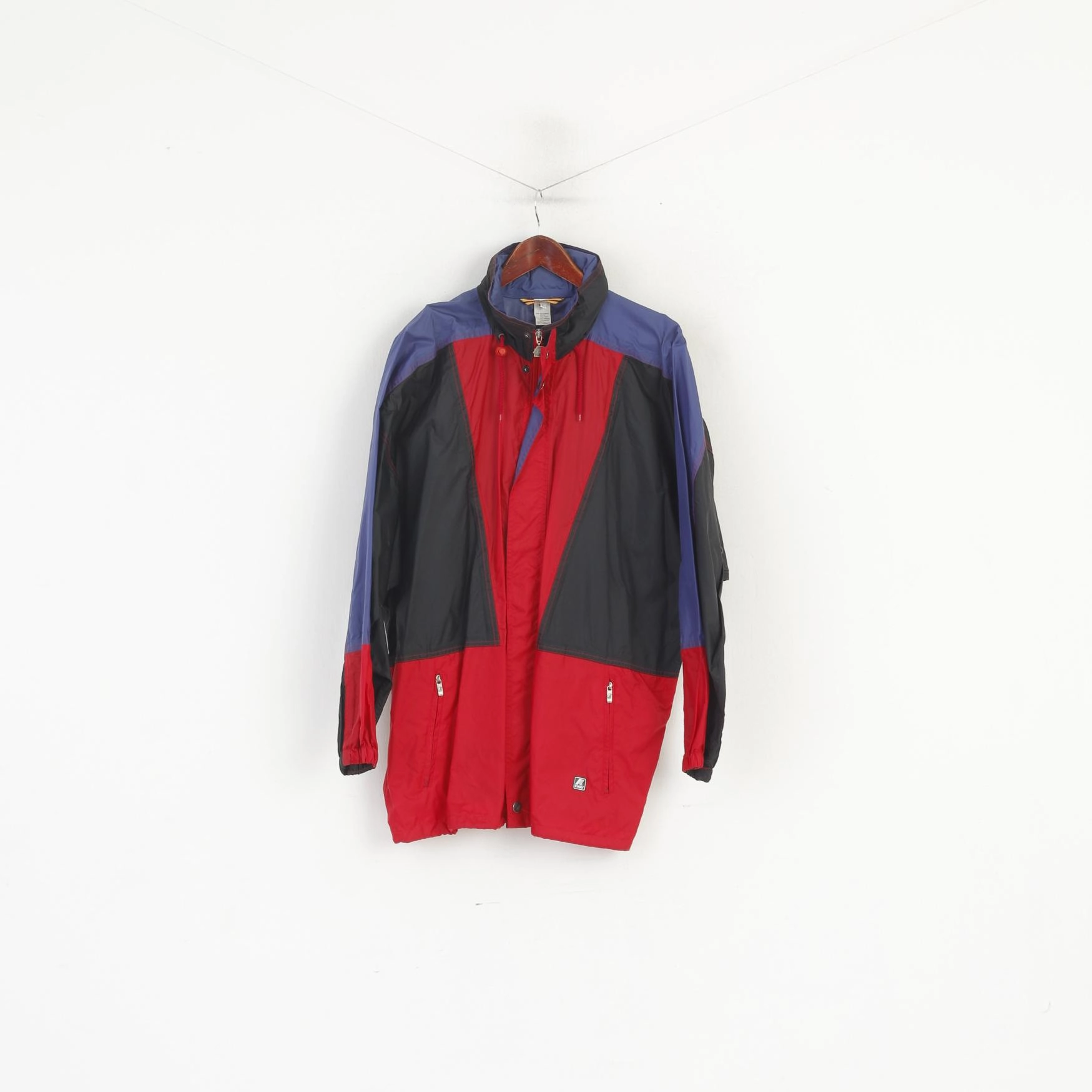 Contacts K-Way International Men L Jacket Black Red Vintage Nylon Hidded Hood Outdoor Top