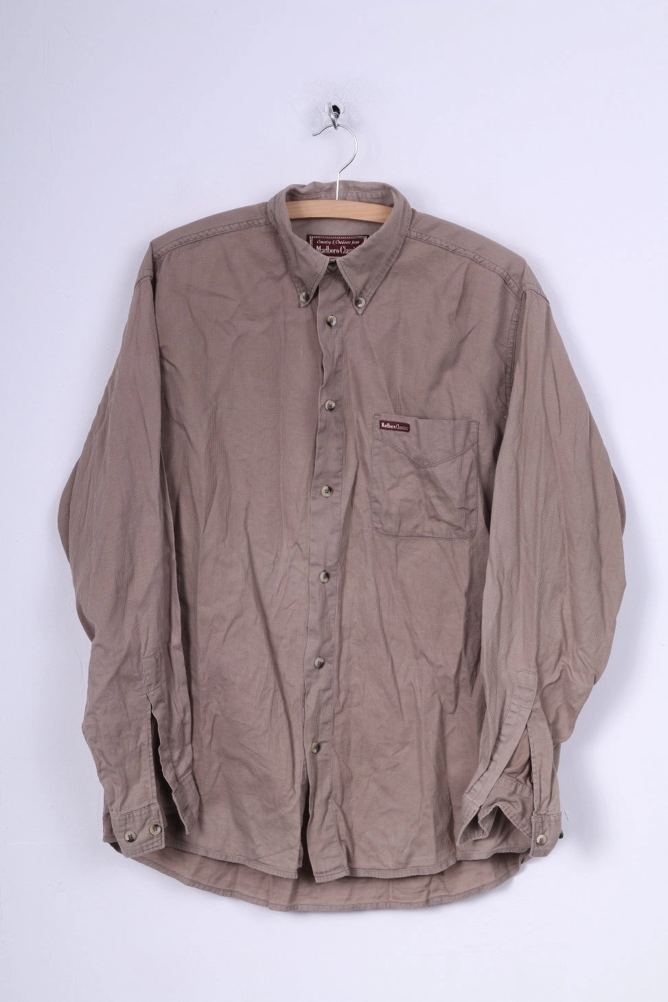 Custom Fit Marlboro Classsics Mens L Casual Shirt Light Brown Cotton Button Down Collar