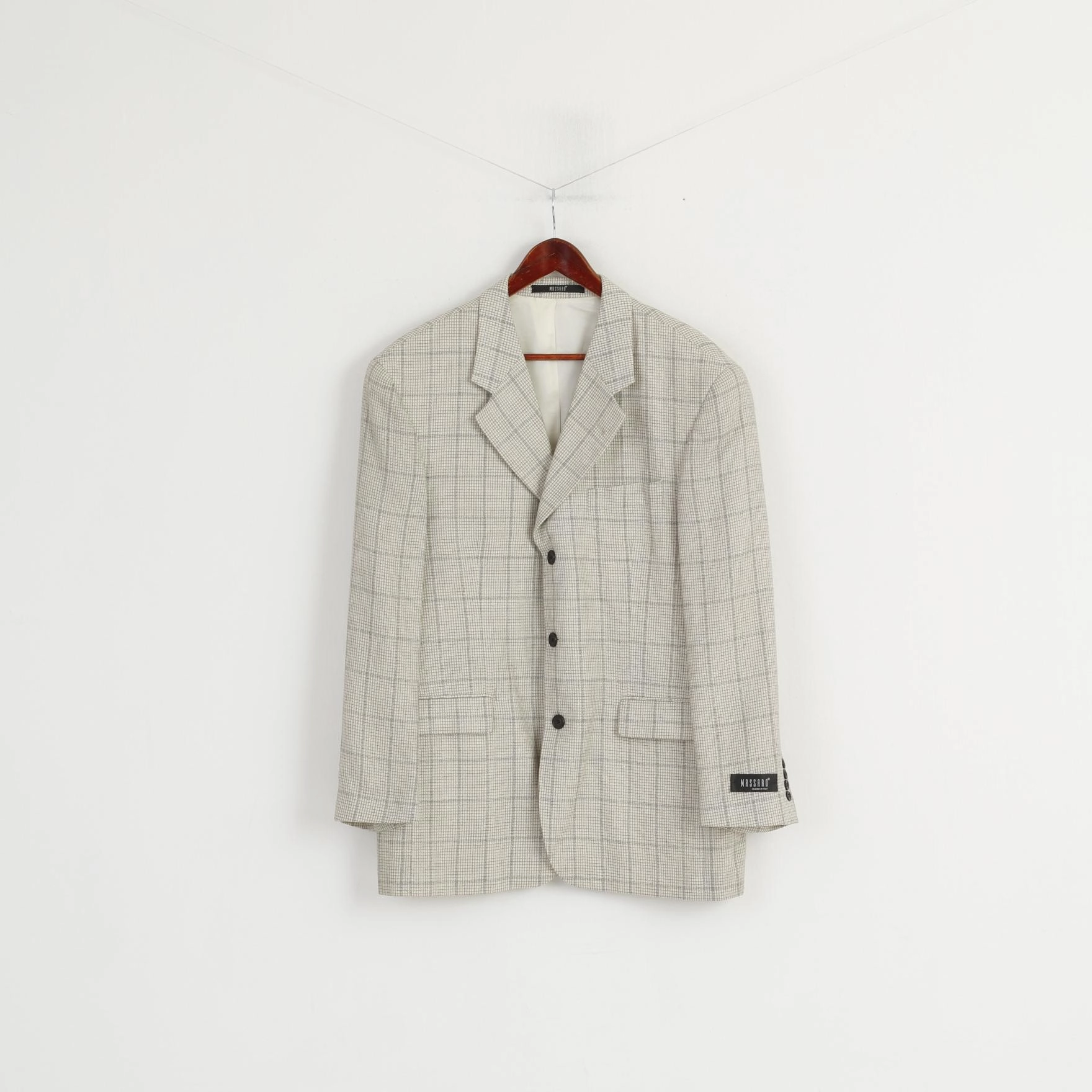 Massaro Men 54 Blazer Cream Checkered Wool Italy Shoulder Pads Single Breasted Jacket Slimming