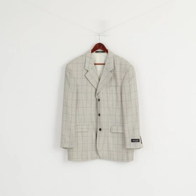 Massaro Men 54 Blazer Cream Checkered Wool Italy Shoulder Pads Single Breasted Jacket Slimming