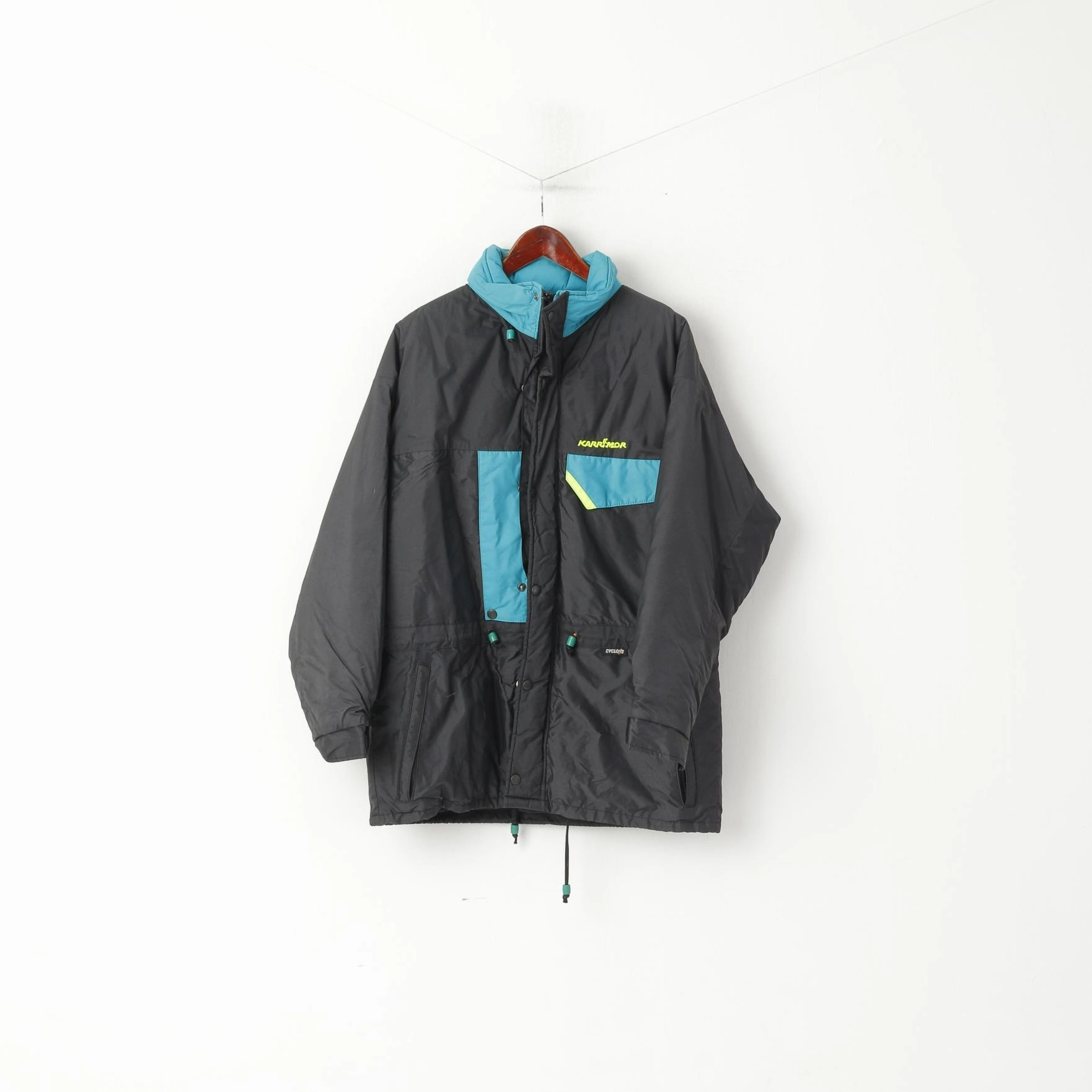 Floss Layered Look Karrimor Men M Jacket Grey Cyclone Nylon Padded Full Zipper Vintage Hidden Hood Top