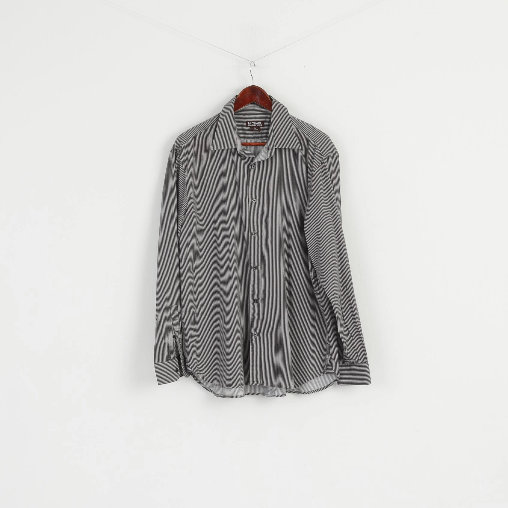 Michael Kors Men XL Casual Shirt Grey Cotton Striped Long Sleeve Detailed Buttons Top Durable Quality