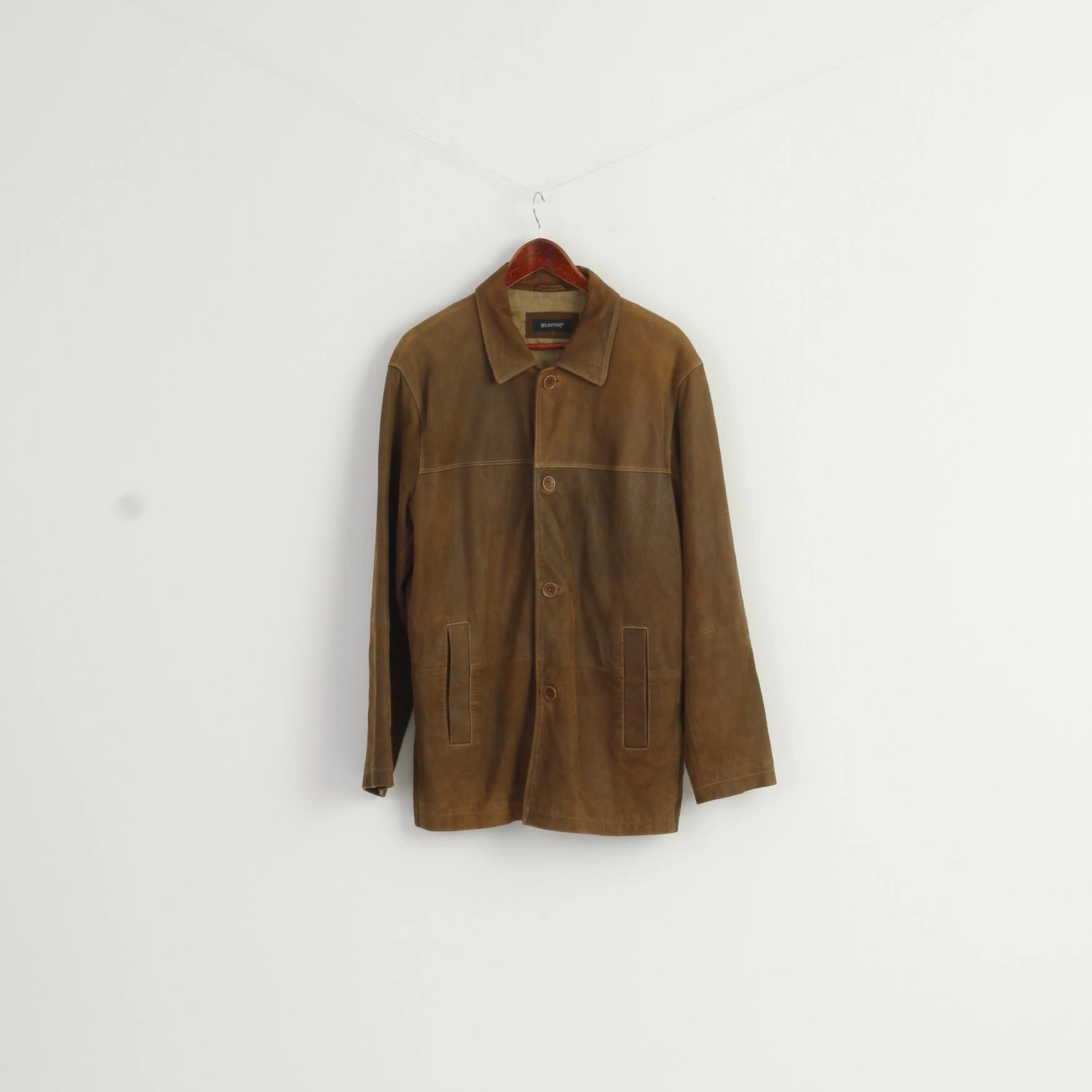 Milestone Men 50 M Jacket Brown Goat Leather Detailed Buttons Classic Top Stylish Design Double Layered Cuffs