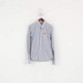 Superdry Men M Casual Shirt Blue Striped Cotton Long Sleeve Button Down Collar Top Double Stitched Seams