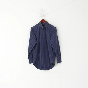 Racing Green Men 14.5 37 M Casual Shirt Navy Striped Cotton Long Sleeve Top Cocktail Event