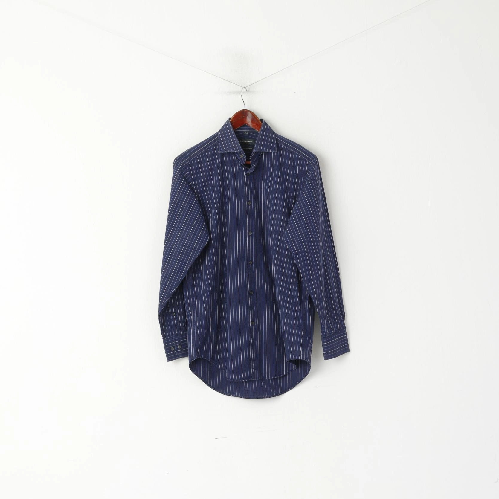 Racing Green Men 14.5 37 M Casual Shirt Navy Striped Cotton Long Sleeve Top Cocktail Event