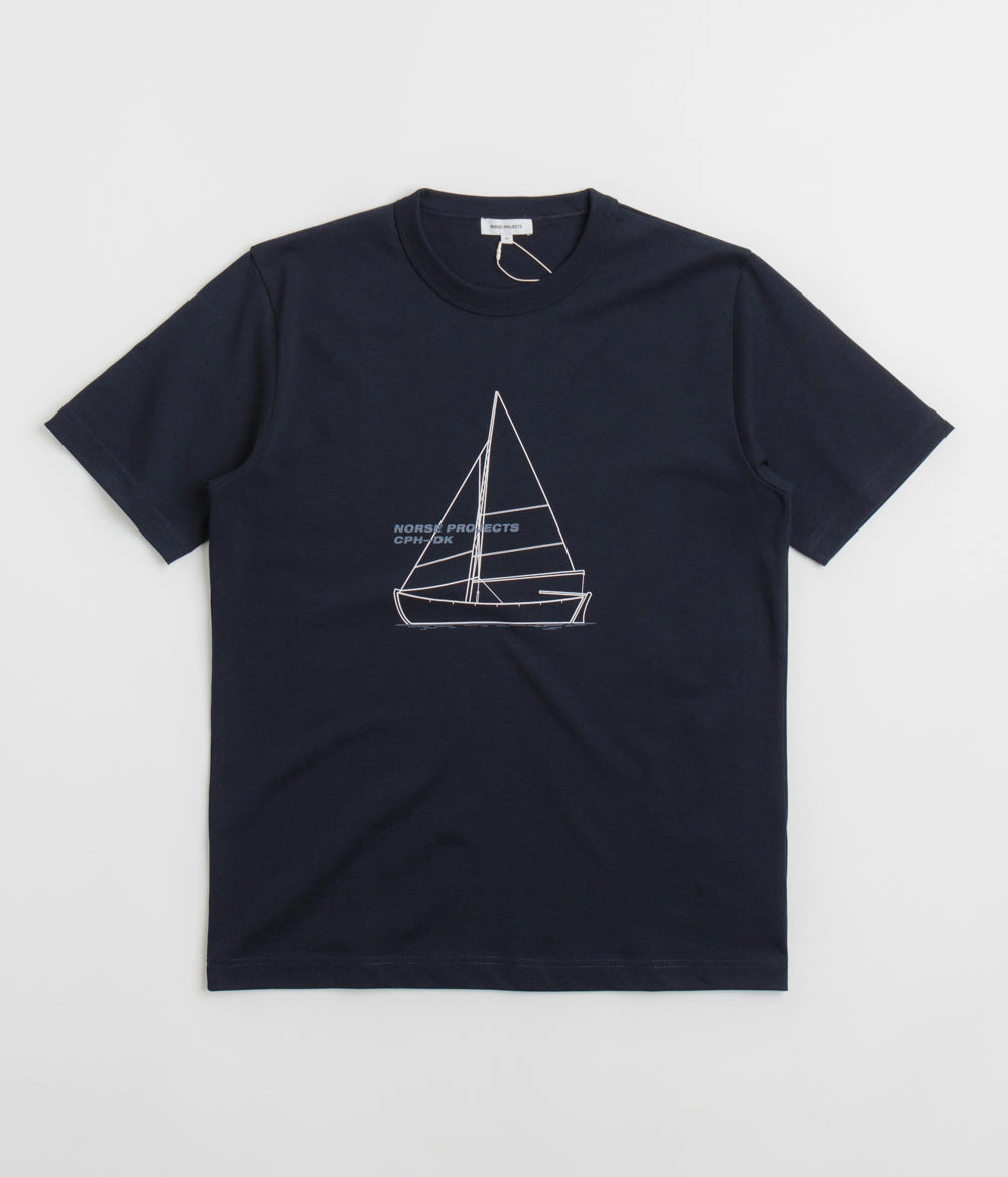 Norse Projects Holger Organic Boat Print T-Shirt - Dark Navy V-Neck Durable Material