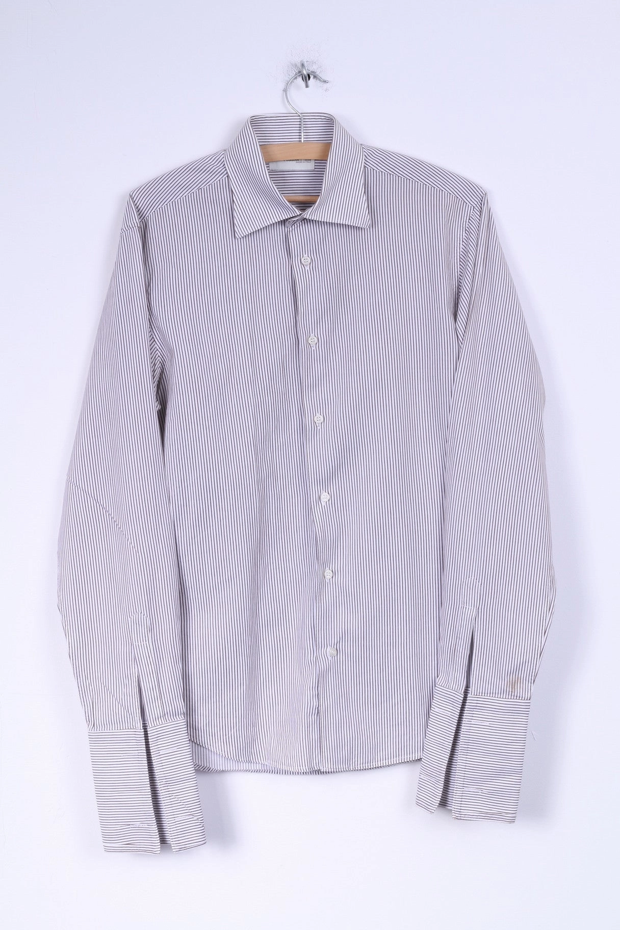 Chic Design Poggianti Mens 39 15.5 M Casual Shirt White Brown Striped Cotton Italy Detailed Buttons Long Sleeve