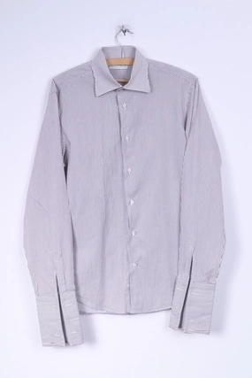 Chic Design Poggianti Mens 39 15.5 M Casual Shirt White Brown Striped Cotton Italy Detailed Buttons Long Sleeve