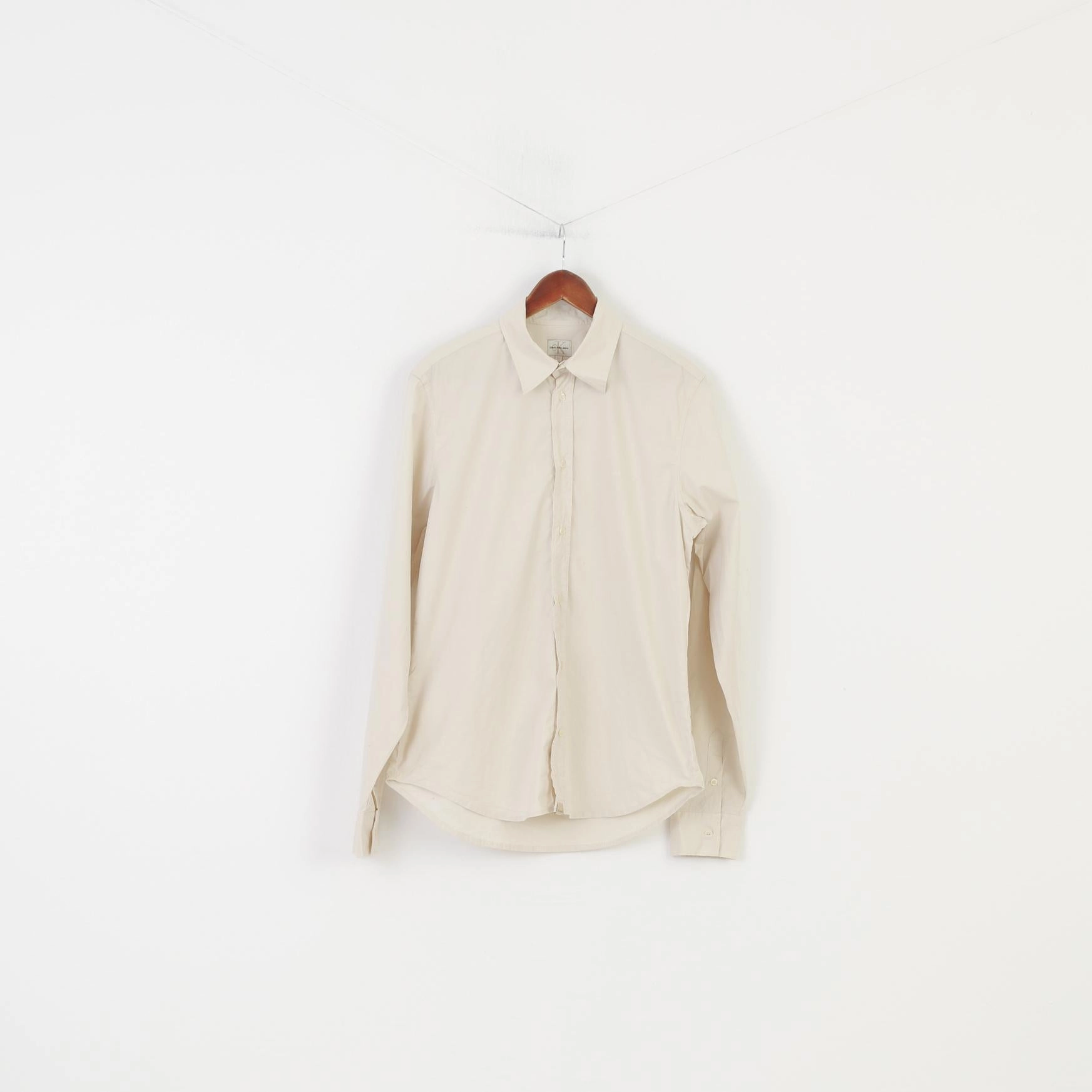 Breathable Lining Airflow Ventilation System Calvin Klein Jeans Men XL Casual Shirt Cream Long Sleeve Collar Cotton Classic Top