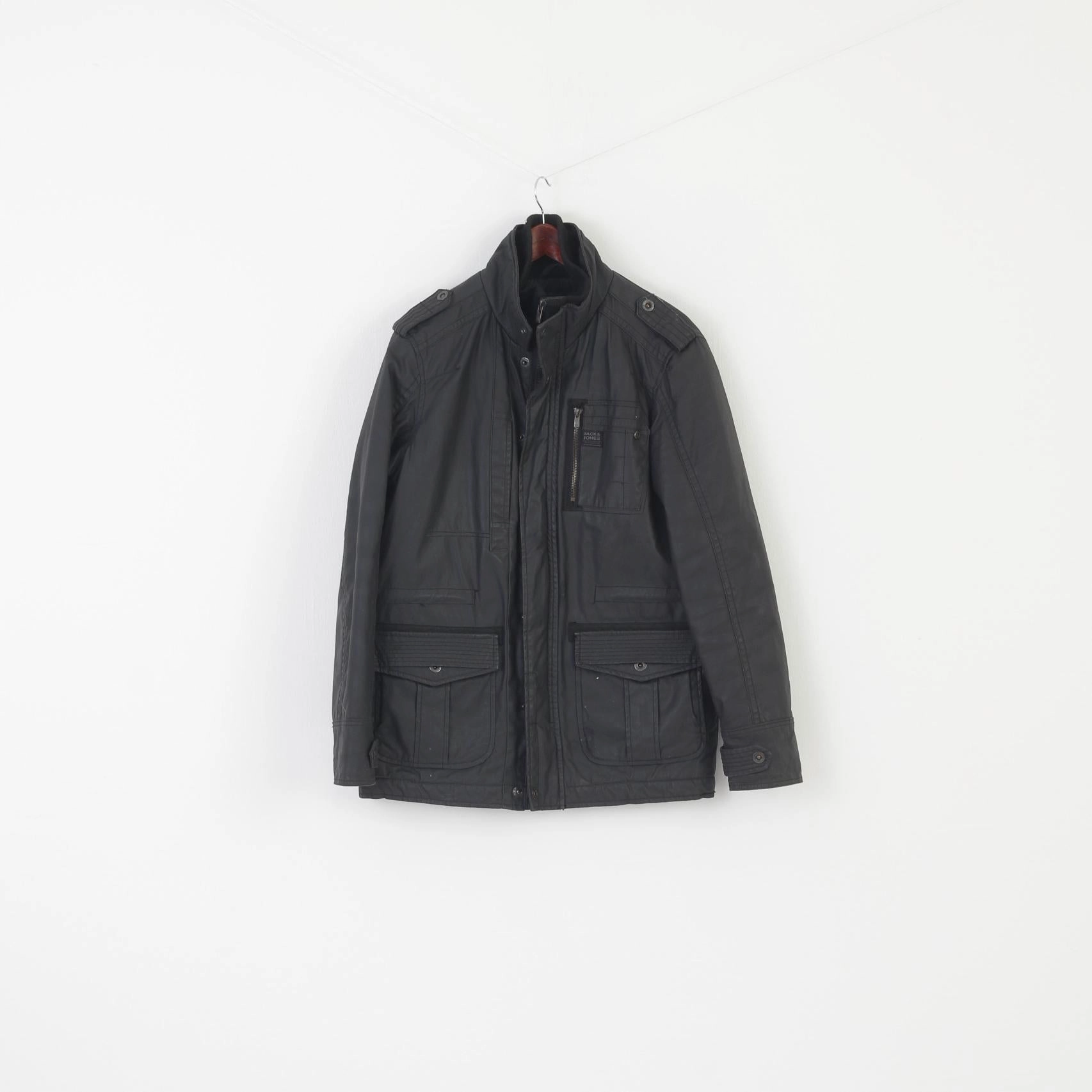 Jack & Jones Men M Jacket Black Wax Cotton Padded Rewind Style Zip Up Top ReflectiveDetailing Distribute